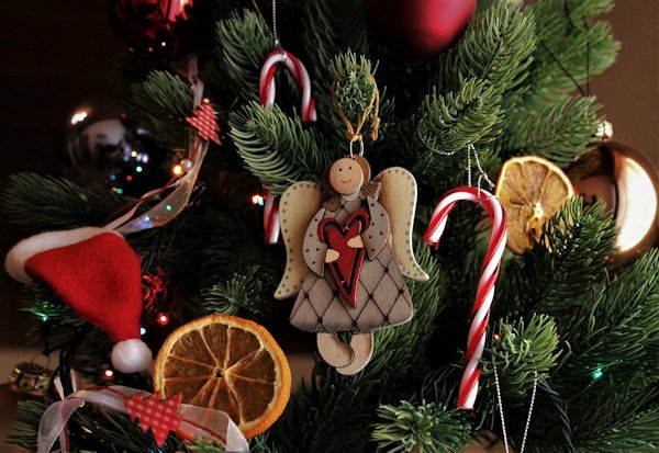 Close up of a wooden hanging fairy decoration, a plastic candy cane and a felt santa hat on a real Christmas tree