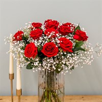 12 Long Stem Red Roses & Gypsophila Hand Tied Bouquet