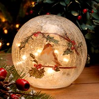 Festive 15cm Battery Operated Lit Crackle Effect Robin Christmas Ball (P041980)