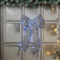 Festive 40 x 60cm Battery Operated Christmas Bow Silver (P036709)